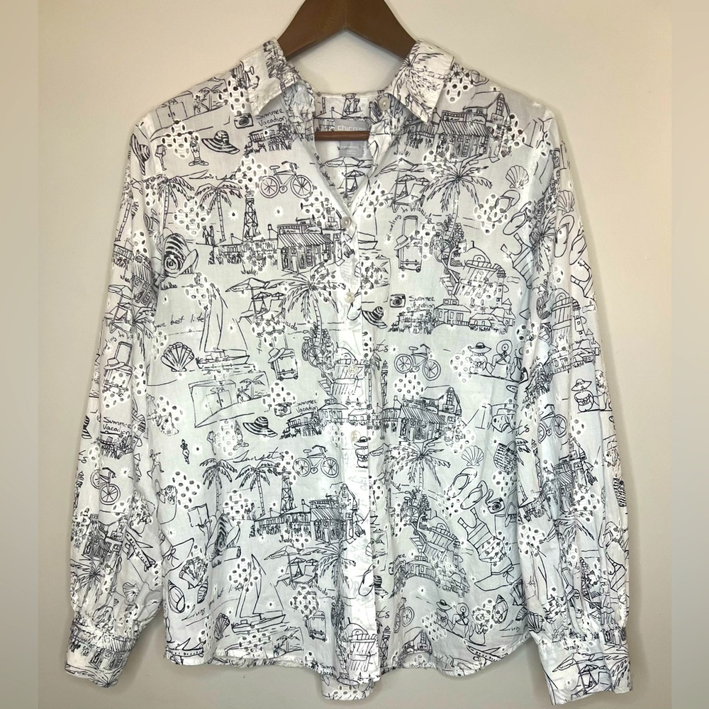 CHICO'S sz 2 Button Down Top Beach Theme White Like New Lightweight